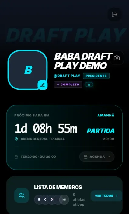 Painel do baba no Draft Play com contagem para o próximo jogo, agenda e lista de membros