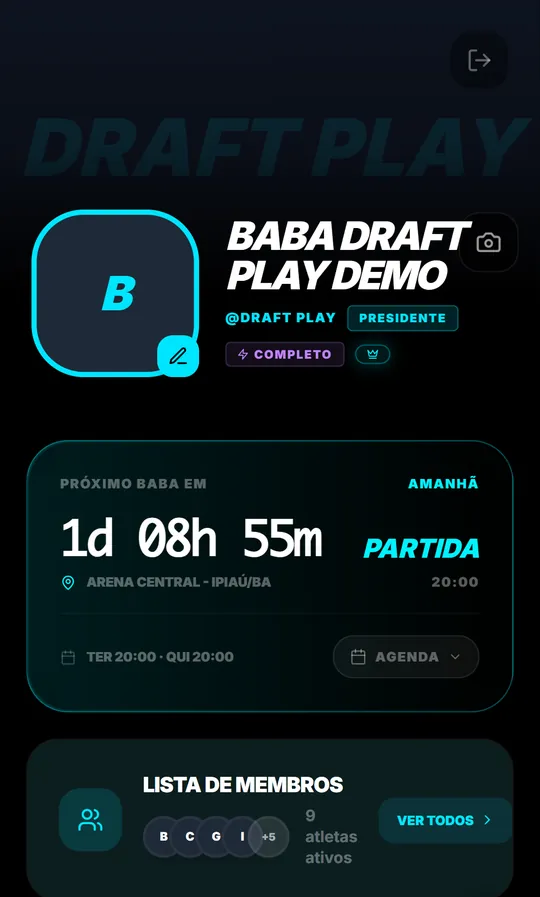 Painel do baba no Draft Play mostrando quanto falta para o próximo jogo, a agenda da semana e quem faz parte do grupo