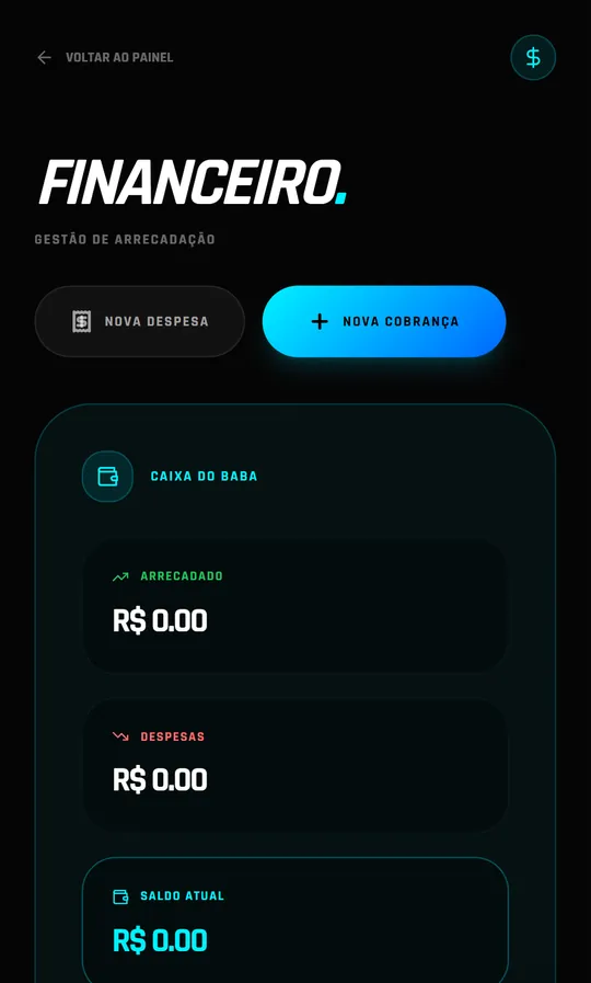 Tela financeira do Draft Play com o valor arrecadado, as despesas e o saldo do caixa do baba