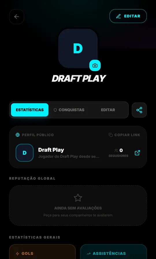 Perfil de jogador no Draft Play com estatísticas, conquistas e botão para copiar o link público