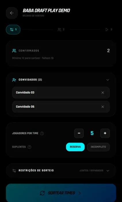Assistente de sorteio do Draft Play com confirmados, convidados e jogadores por time