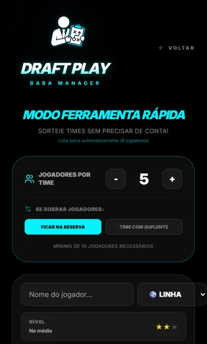 Modo ferramenta rápida do Draft Play para sortear times sem conta
