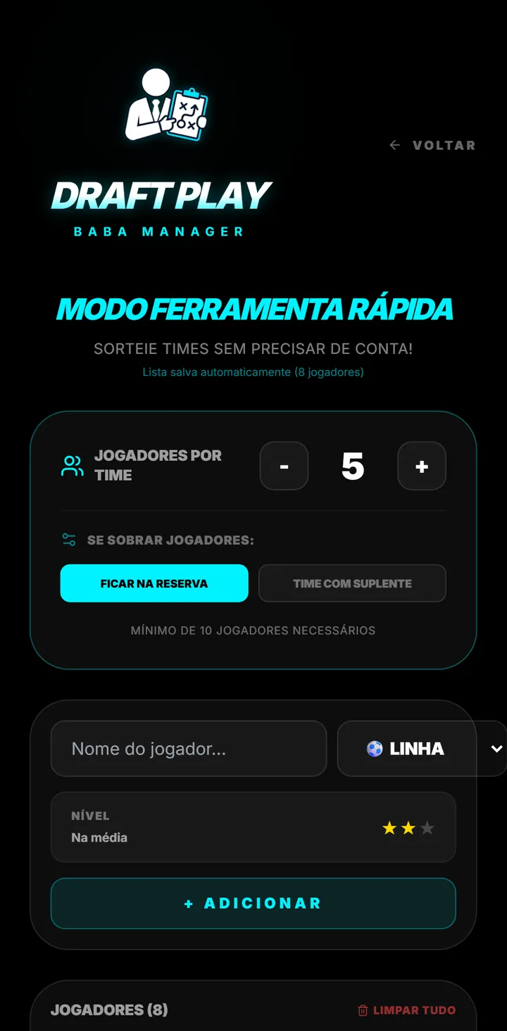 Configuração do sorteio de times no Draft Play, com jogadores cadastrados e número de jogadores por time